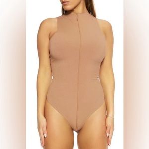 Naked Wardrobe Get Snatched Bodysuit Womens Small Tan NWOT Ribbed Exposed Seam